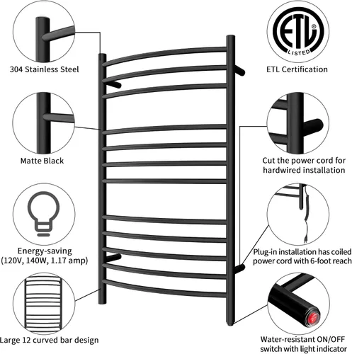 Vista 2 de HEATGENE - Calentador de toallas de montaje en pared, enchufe/cableado eléctrico, estante de toallas calentado, 4 soportes, negro mate