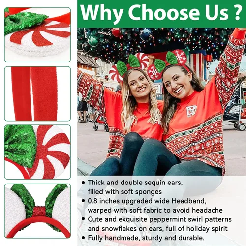 Vista 6 de Diadema de orejas de ratón de Navidad, 2 piezas de orejas de Navidad para mujeres y niños, diadema con lazo de lentejuelas para fiestas de Navidad