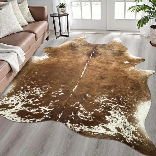 Vista 12 de Easycozy Alfombra de piel de vaca sintética con gran estampado de vaca, 3 x 4 pies, alfombra gruesa y elástica para dormitorio, sala de estar