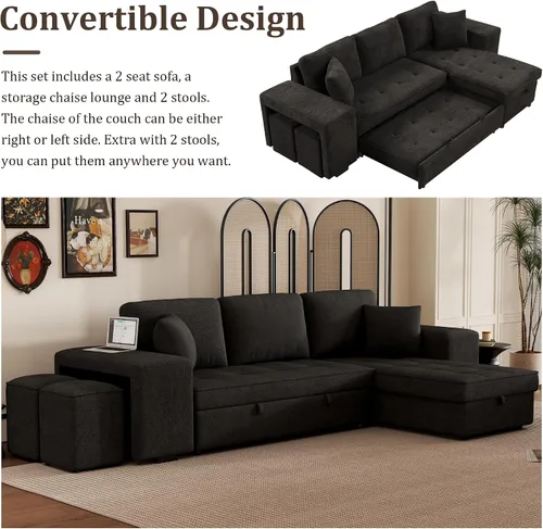 Vista 3 de Sofá modular en forma de L de 104 pulgadas con sofá cama extraíble, diván de almacenamiento y 2 almohadas, 2 taburetes, sofá reversible de felpilla