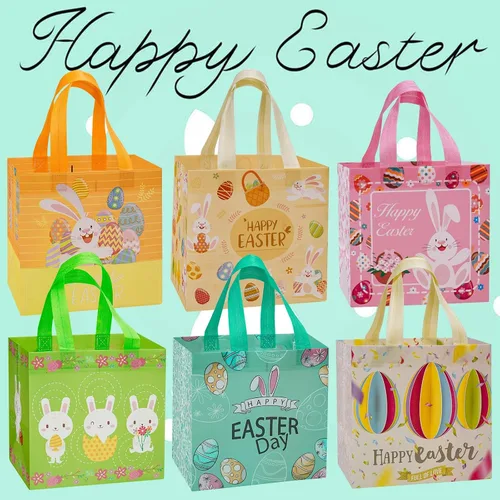 Vista 5 de 12 bolsas de regalo de Pascua, bolsas grandes reutilizables para cesta de Pascua, bolsas de regalo de Pascua no tejidas para envolver regalos, juego