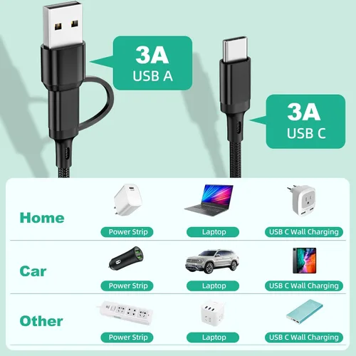 Vista 3 de Cable de carga múltiple (paquete de 3 de 4 pies), cable de carga 3 en 1, cable de carga universal trenzado de nailon 6 en 1 USB A/C a USB