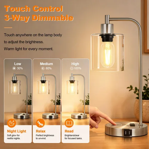 Vista 3 de Juego de 2 lámparas de mesa con control táctil industrial - Lámparas de mesita de noche en níquel cepillado con 2 puertos USB y enchufe de CA