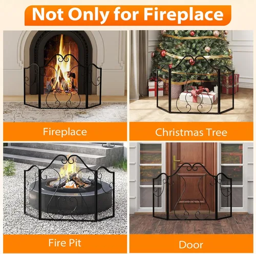 Vista 9 de Tangkula Pantalla de chimenea de 3 paneles, cubierta plegable de protección contra chispas con pergamino decorativo, puerta de chimenea