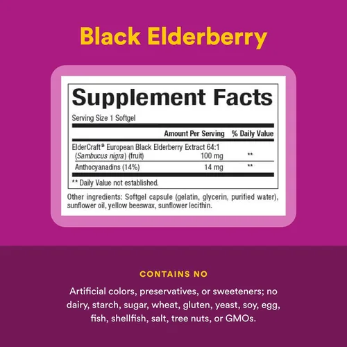 Vista 4 de Baya de saúco negro, 100 mg, 120 cápsulas blandas de acción rápida, Natural Factors 64:1 European Black Elderberry Extract Standardized to 14%