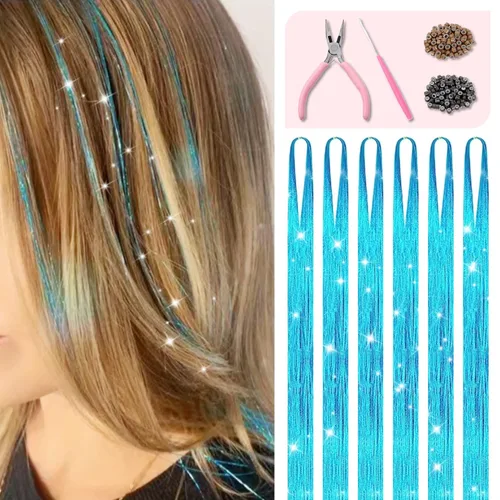 Vista 8 de Kit de oropel para el cabello con herramientas e instrucciones, fácil de usar, 12 colores, 2400 hebras de 48 pulgadas, extensiones de cabello