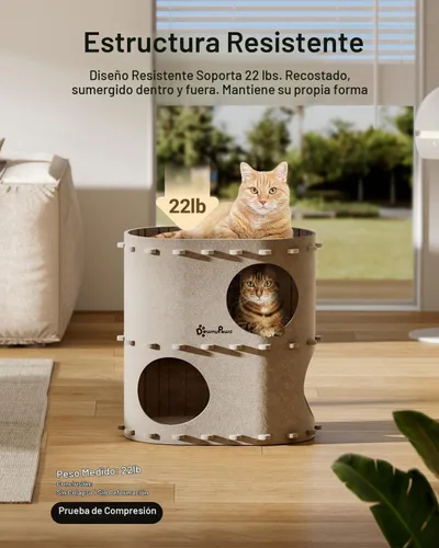 Vista 5 de DownyPaws Casa para gatos de interior, cueva de cama para gatos de 2 pisos Crema