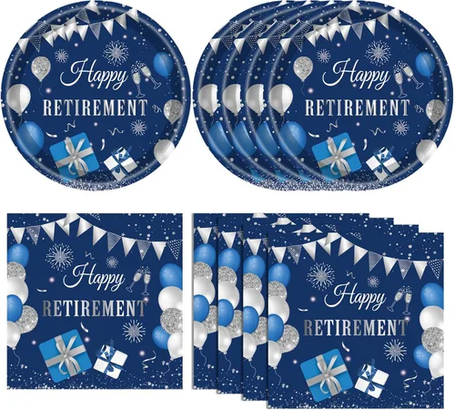 Vista 18 de Juego de 40 piezas de vajilla desechable para fiestas de jubilación para hombres y mujeres, color negro y plateado, incluye platos de jubilación
