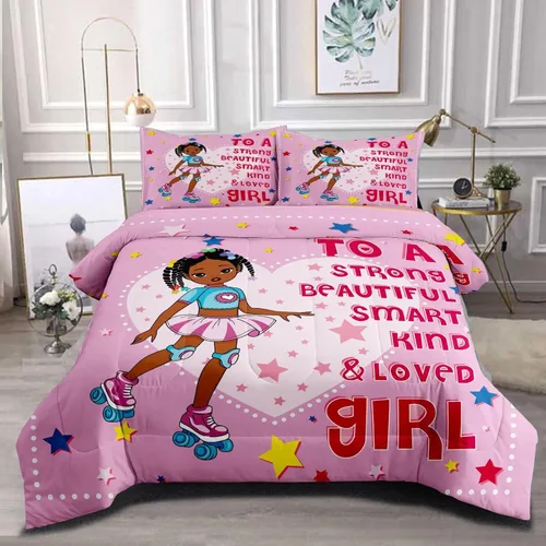 Vista 15 de Juego de edredón de niña negra tamaño individual para niños, juegos de ropa de cama mágica de niña negra, juego de edredón de princesa melanina