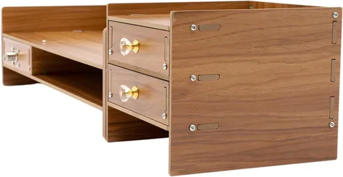 Vista 8 de Estante de madera para monitor de computadora con cajones, soporte ajustable para monitor de TV para laptop, organizador de almacenamiento