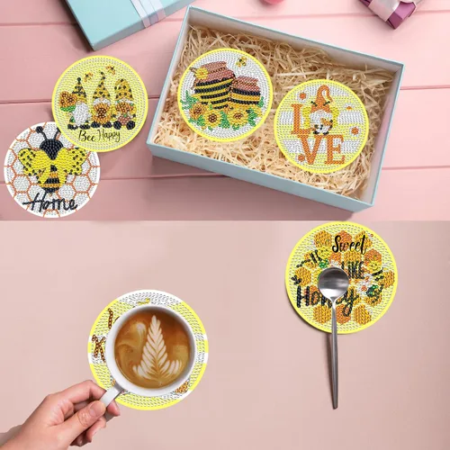 Vista 7 de TDOOW Posavasos de arte de diamante, 8 piezas de posavasos de pintura de diamante, kit de arte de diamantes de abeja para adultos, regalo