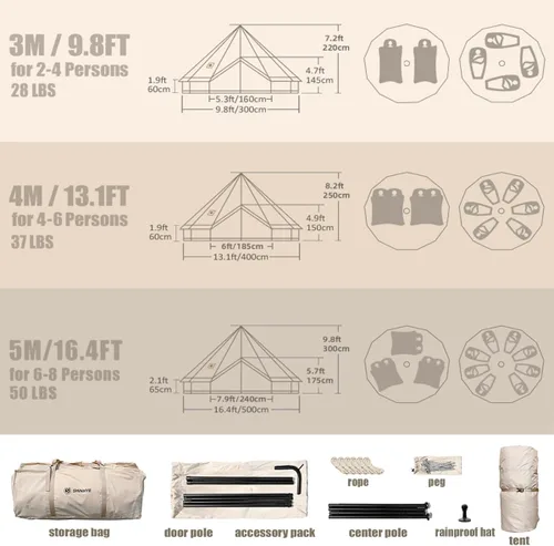 Vista 7 de Tienda de campaña Bell Yurt con gato de estufa, tienda de campaña de lujo impermeable para 4 estaciones, tela Oxford 420D, tiendas de campaña verde