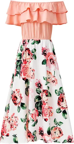 Vista 2 de Mumetaz Vestidos para mamá y yo, casual, floral, hombros descubiertos, manga con volantes, vestido acampanado