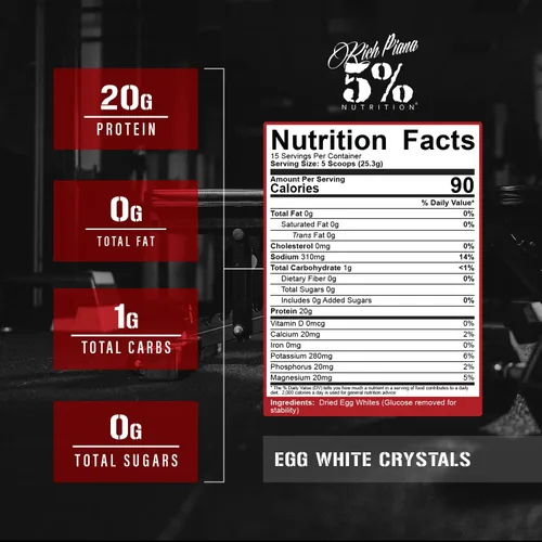 Vista 2 de Rich Piana 5% Nutrition - Cristales de clara de huevo Proteína en polvo de clara de huevo 100% pura 0.71 oz de proteína Se mezcla y almacena