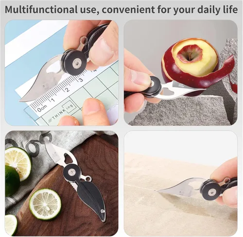Vista 4 de Juego de mini cuchillos de bolsillo, cuchillo EDC con cadena, gadgets geniales, bonitos accesorios para llaves, regalo creativo para mujer (negro)