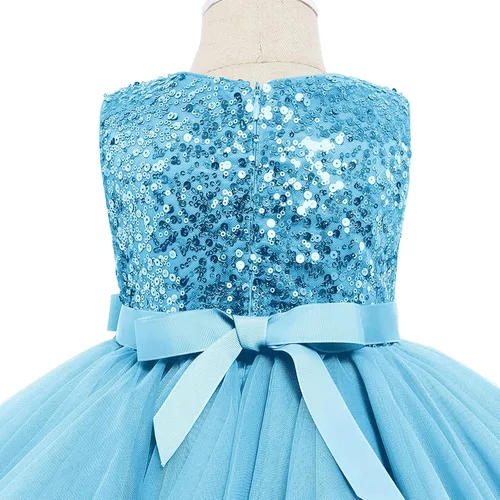 Vista 5 de Vestidos de niña de flores sin mangas de lentejuelas hinchado vestido de tul de la boda de la dama de honor del concurso bautismo cumpleaños vestido