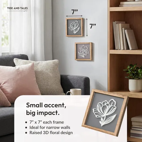 Vista 2 de Tide and Tales Arte de pared floral botánico 3D (juego de 2 marcos) listo para colgar, decoración bohemia ligera para paredes, decoraciones Naturales