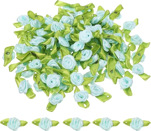 Vista 10 de PATIKIL Mini rosas de cinta, 100 unidades, pequeñas flores de tela de satén con adornos de hojas verdes, rosetas para manualidades, costura, boda