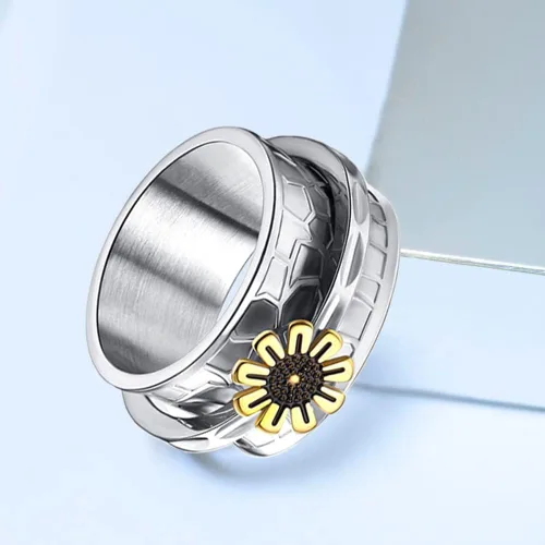 Vista 3 de Anillo giratorio de flores de margaritas para mujeres, niñas y hombres, anti ansiedad, inspiraciones para aliviar el estrés, meditación, acero