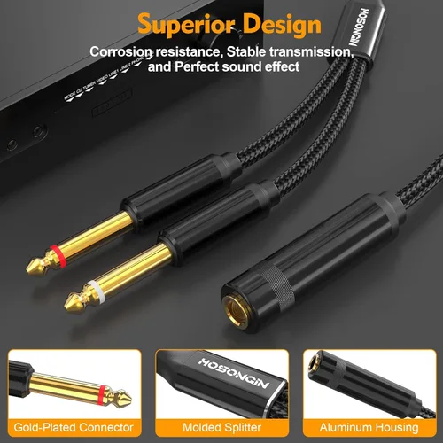 Vista 4 de HOSONGIN - Cable de inserción divisor en Y estéreo de 1/4 TRS a dual de 1/4 TS mono, con conector chapado en oro, blindaje doble y funda de nylon