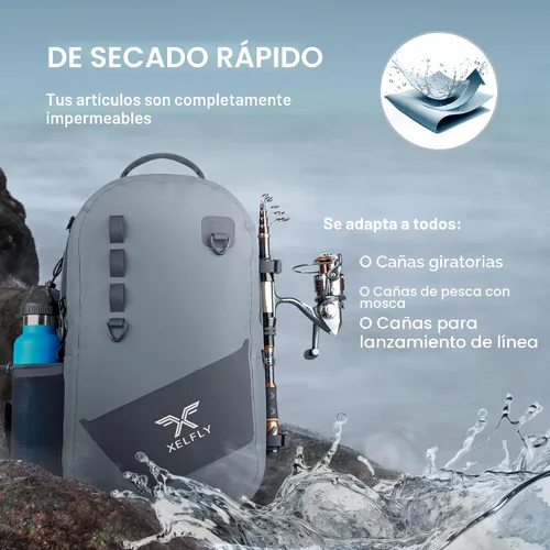 Vista 7 de Xelfly - Mochila de pesca impermeable con soporte para caña, válvula de aire inflable, correas acolchadas para la cintura y bucles para engranajes