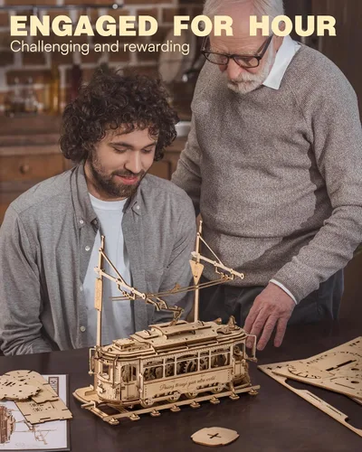 Vista 5 de RoWood Rompecabezas 3D para adultos, kit de modelo de automóvil, rompecabezas de madera 3D, modelo de tranvía mecánico, kit de construcción