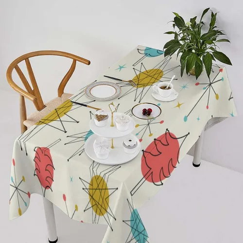 Vista 28 de Mantel retro moderno de mediados de siglo, diseño de colores retro de los años 50, resistente al agua, mantel lavable para cocina, comedor, fiesta