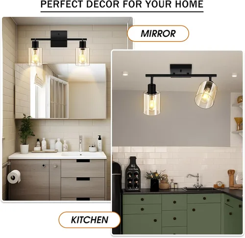 Vista 7 de Accesorios de iluminación de riel de techo para cocina, luces de pared negras de 2 luces, iluminación LED moderna con pantalla de vidrio, cabezal