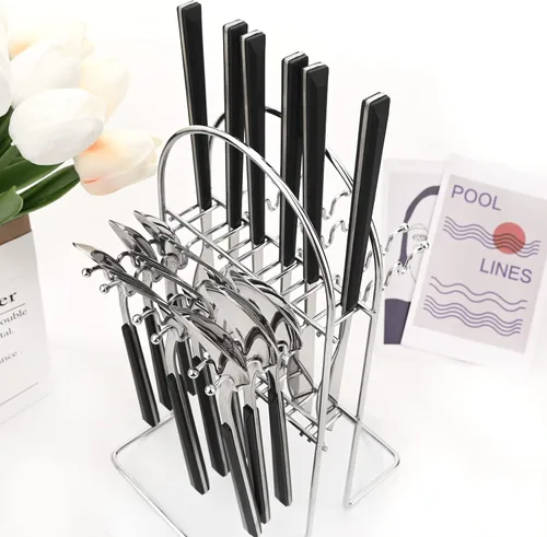 Vista 2 de Juego de cubiertos de 24 piezas con soporte, utensilios de acero inoxidable con mango negro, un juego completo de cubiertos para la mayoría