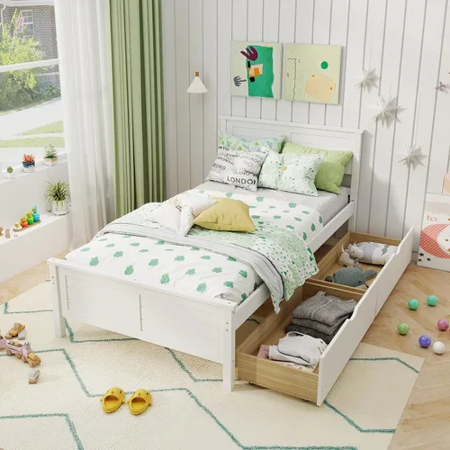 Vista 14 de KOMFOTT Marco de Cama de Madera Tamaño Twin con 2 Cajones de Almacenamiento, Marco de Cama de Plataforma de Mediados de Siglo con Cabecero, Soporte