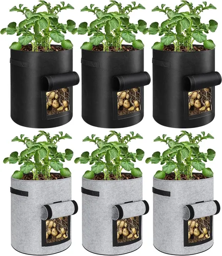 Vista 10 de Paquete de 6 bolsas de cultivo de papas, bolsas de plantación de 10 galones, macetas grandes de tela con ventana de solapa, maceta de jardín, Negro
