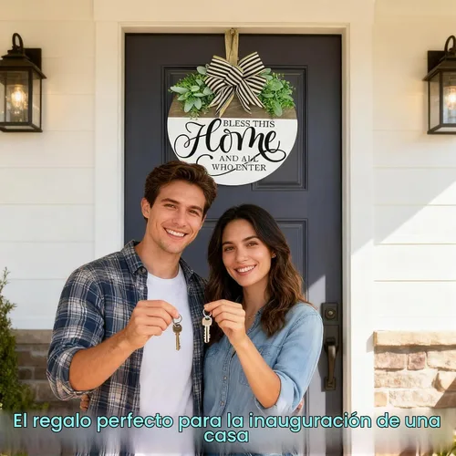 Vista 4 de Letrero de bienvenida para decoración de puerta delantera, coronas de madera rústica con vegetación y lazo, letrero de porche «Bless This Home»
