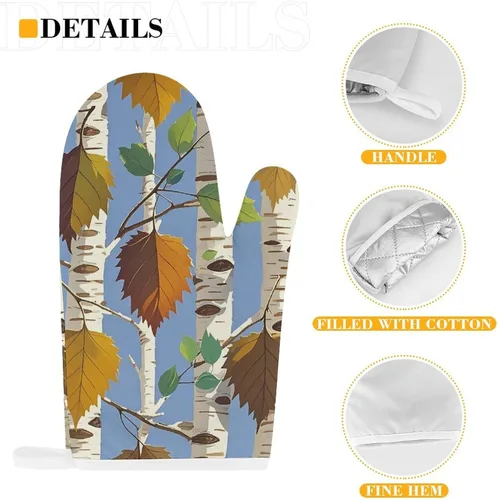 Vista 3 de Birch Leaves Oven Mitts and Pot Holders Set Kitchen Oven Glove Cooking Mitts with Hanging Loop Heat Resistant Potholder Set for Chef Baking Cooking