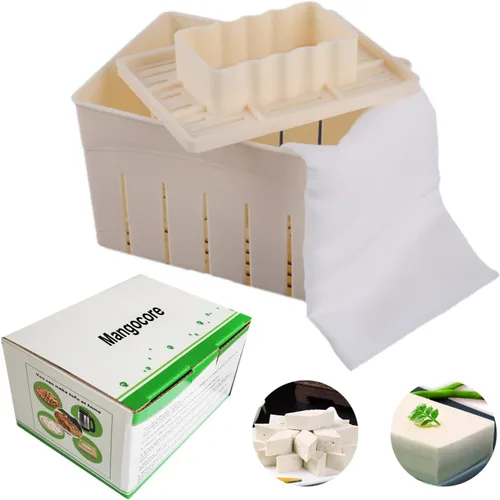 Vista 2 de juego de molde con prensa para hacer tofu y tela para prensar queso de soja.