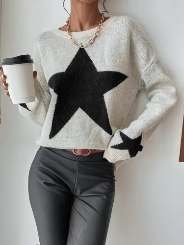 Vista 5 de SOLY HUX Suéter de manga larga con cuello redondo y estampado de estrellas para mujer, Beige