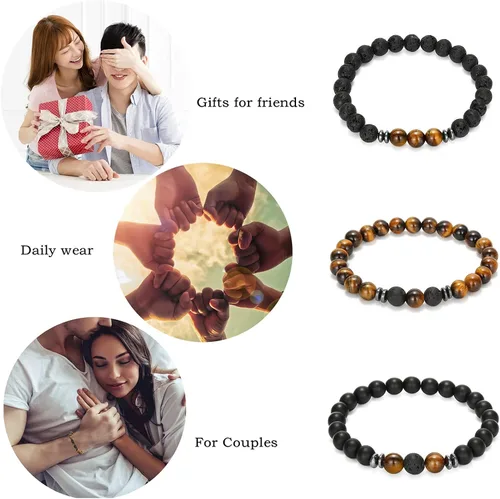 Vista 2 de MengPa - Pulseras de cuentas con cuentas de piedra volcánica mate y roca de lava elástica para hombre y mujer