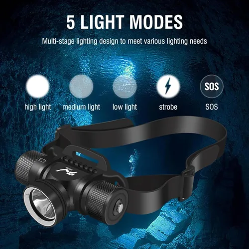 Vista 2 de WINDFIRE Luz de buceo, linterna de buceo de largo alcance, linterna de buceo de 5 modos, linterna de buceo ultra brillante, IPX8, impermeable, bajo