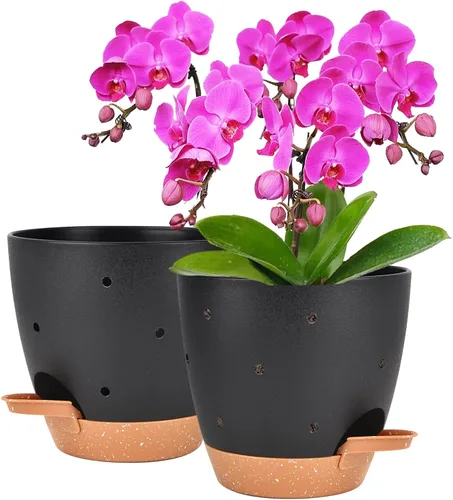 Vista 9 de 6 Inch Orchid Pot, 2 Pack Self Watering Plant Pots, Orchid Pots with Holes Blanco+Marrón