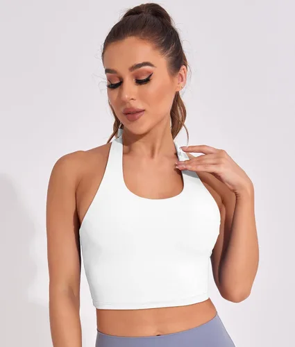 Vista 3 de KerryKreey Camiseta de entrenamiento con cuello halter para mujer, con relleno, brasier deportivo de línea larga, para yoga, gimnasio, atlético