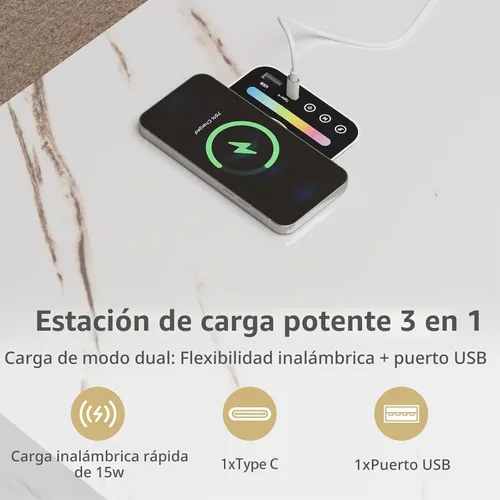 Vista 4 de Mesa de centro LED, mesas de centro elevables de 47.2 pulgadas con cajones y gran almacenamiento, mesa inteligente para sala de estar con carga