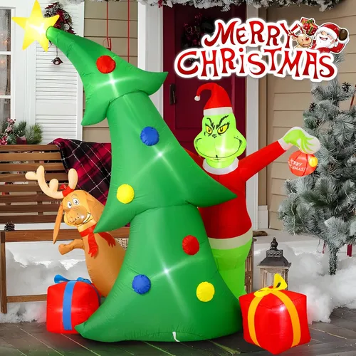 Vista 4 de Hioasis Decoración inflable de Navidad para exteriores de 9 pies, árbol con monstruo verde de Navidad, perro y cajas de regalo con luces LED