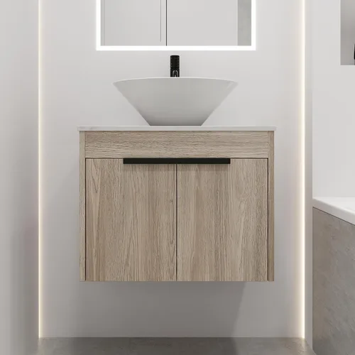 Vista 11 de Armario de tocador de baño de 24 pulgadas, tocador de baño flotante con lavabo de cerámica, moderno juego de tocador de baño colgante de roble