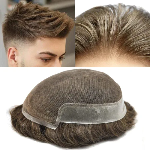 Vista 10 de Toupee para hombres sistemas de reemplazo de piel sintética con encaje suizo para hombre, nudos blanqueados, línea capilar natural para hombres