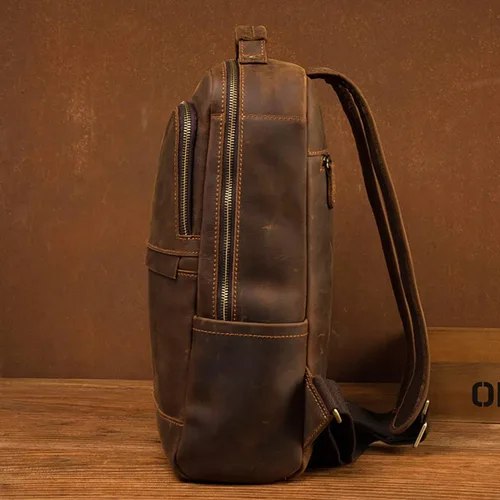 Vista 2 de Mochila para portátil de cuero genuino vintage de 15.6 pulgadas, bolsa de viaje para senderismo, mochila antirrobo para acampar
