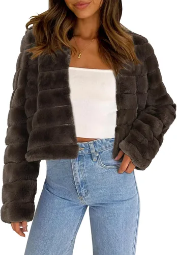 Vista 9 de Allegra K Abrigo chaqueta de piel sintética para mujer de manga larga recortado esponjoso sin cuello casual cálido de invierno ropa exterior