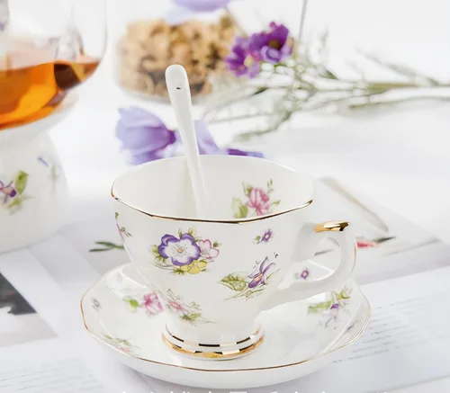 Vista 6 de Taza de Café de Porcelana Ósea Británica con Platillo y Cuchara para Latte Americano Tazas con Platillo Juego de Tazas de Té de Porcelana, Tazas