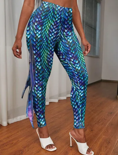 Vista 3 de Leggings de sirena para mujer, pantalones con estampado de escamas de pescado, cintura alta, leggings de yoga con aletas para fiesta de Halloween