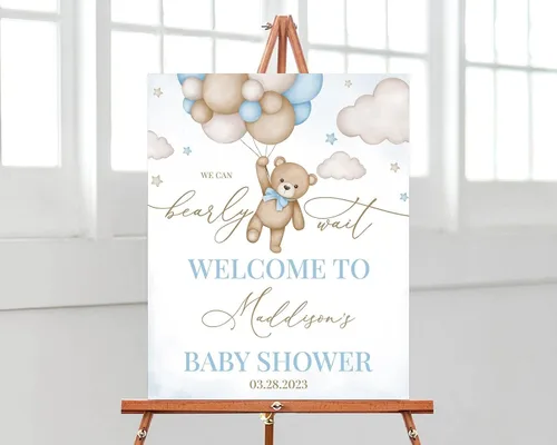 Vista 25 de Globo de aire caliente azul Boho Bear Can Bearly Wait Welcome Sign Decoración, descarga instantánea, letrero de plástico