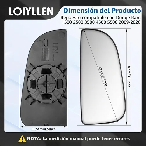 Vista 6 de Espejo lateral de pasajero de repuesto para Dodge Ram 1500 2500 3500 4500 5500 2009 2010 2011 2012 2013 2014 2015 2016 2017 2018 2019 2020 - Derecho