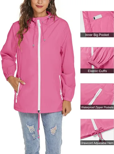 Vista 3 de Avoogue Chaqueta impermeable para mujer, ligera, transpirable, con capucha, rompevientos activos con bolsillo